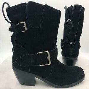 Dolce Vita Black Suede Leather Adjustable Buckle Mid Calf Moto Boots D21